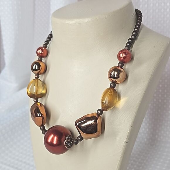 Bold Chunky Metallic Beaded Statement Necklace - Copper Tones - Picture 2 of 6